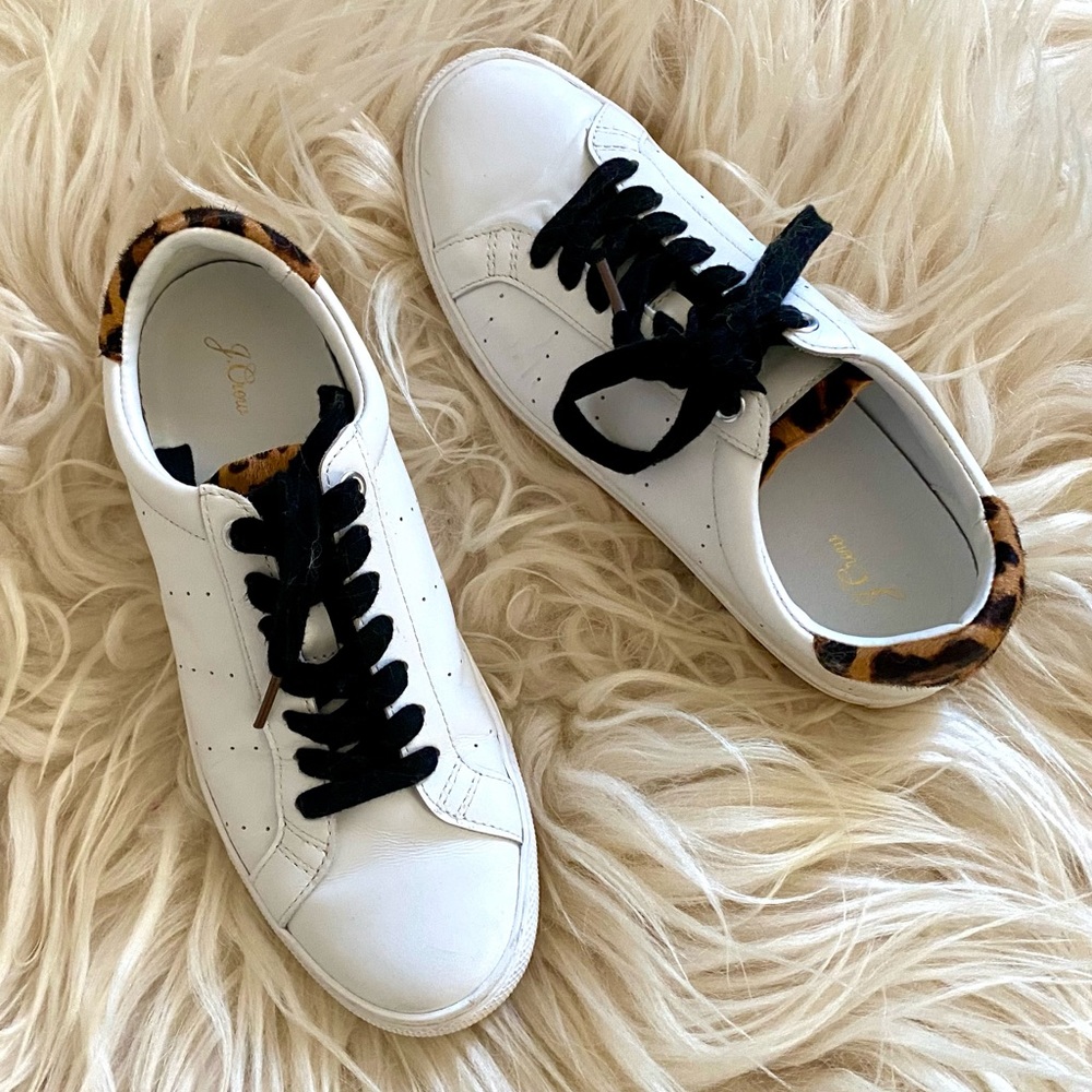 J.Crew White Leather Leopard Print Low Trainers Sneakers